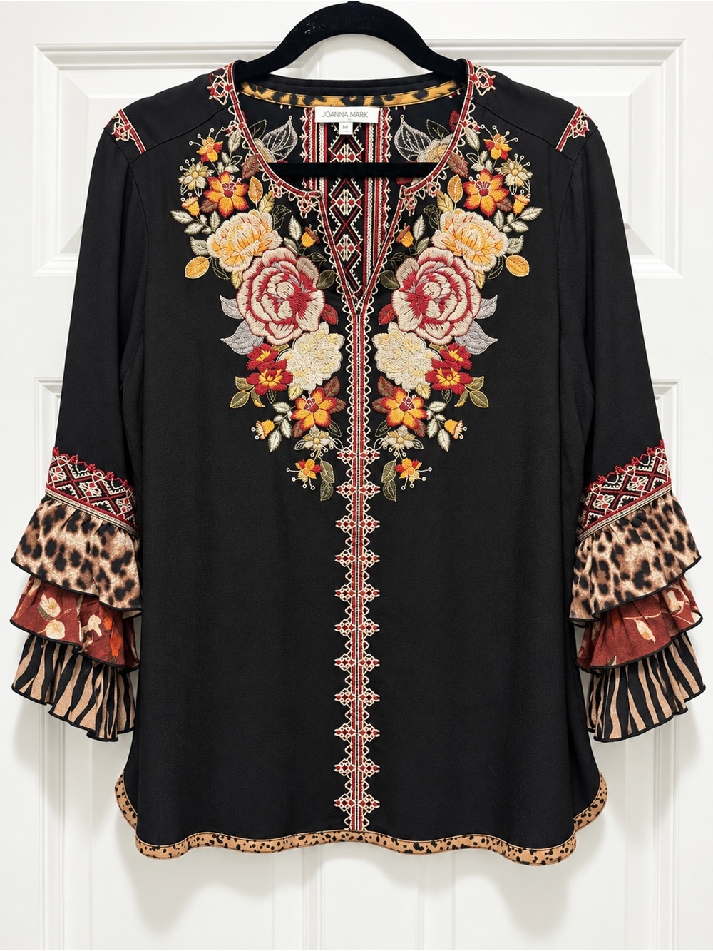 John Mark Embroidered Floral Boho Tunic  Ruffle Bell Sleeve Animal Print size L